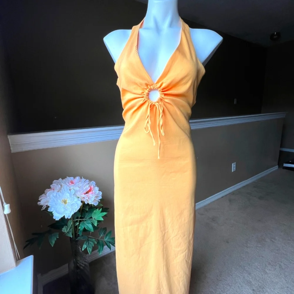 Zara CUT OUT LINEN BLEND DRESS -  size L yellow long dress